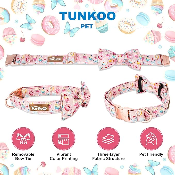 Tunkoo Pink Dog Collar with Bow Tie Cute Cake - Durable, Adjustable, and Stylish Pet Collar Available in Small Medium Large M