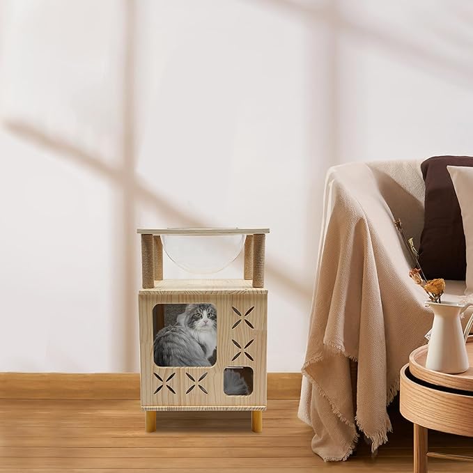 Modern Cat Tree with Ventilated Design & 360° View Capsule, 2-Story Cat Tower with Perch, Natural Wood Climber for Indoor Cats, Linen & Sturdy Build