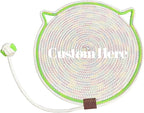 Personalized Cat Scratcher Mat, Customized with Name Text Natural Cotton Rope Round Horizontal Cat Scratching Pads with Ball Toy, Cat Furniture Protector for Wall, Couch, Carpets, Sofa (Green)