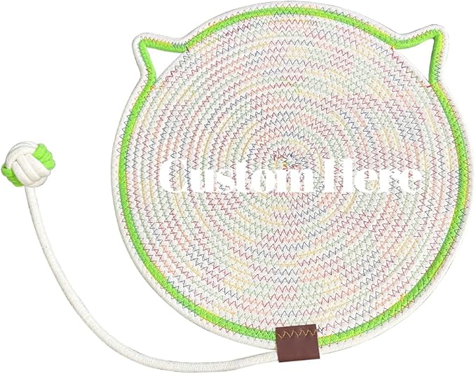 Personalized Cat Scratcher Mat, Customized with Name Text Natural Cotton Rope Round Horizontal Cat Scratching Pads with Ball Toy, Cat Furniture Protector for Wall, Couch, Carpets, Sofa (Green)