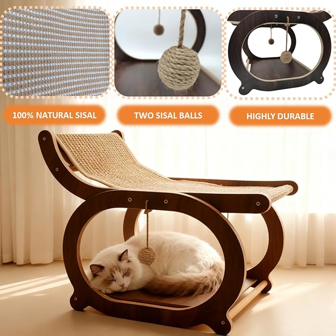Sisal Cat Scratcher Chair, Elevated Cat Lounge Beds for Indoor Cats, Wooden Pet Hammock Couch for Scratching, Walnut