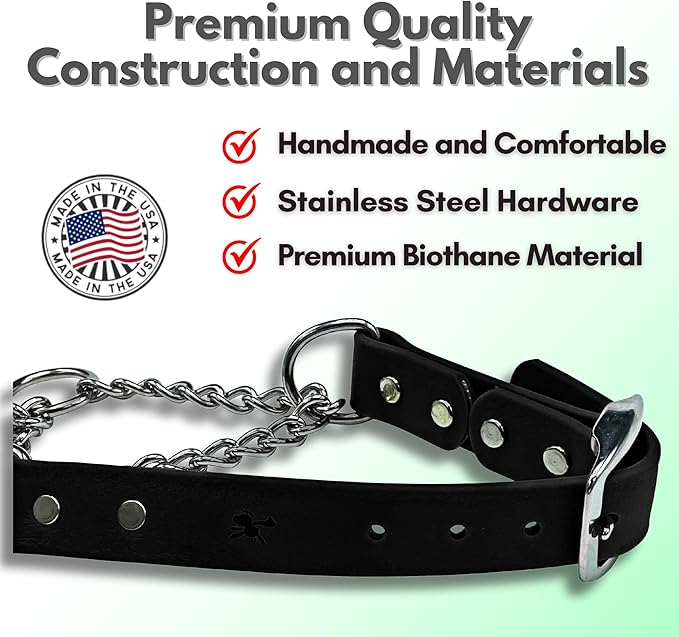 Martingale Collar for Dogs, Biothane, Stainless Steel Hardware, No Pull, Made in The USA, Professional Grade, XXL, Black