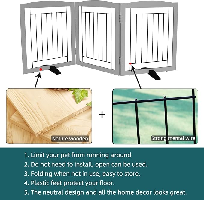 Dog Fence Indoor,Dog Gate Indoor for Doorway pet gate -3-Panel Freestanding, Hallways, House or Stairs -60x24-Inch Retractable Foldable Expandable Wood Pet by SFJC (Grey) ﻿