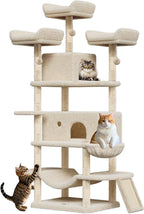 68.5 in Multi-Level Cat Tree for Indoor Cats Large Adult Heavy Duty Cat Tower for Large Cats with 2 Condos/Plush Perches/Sisal Scratching Posts/Hammocks/Basket/Dangling Balls, #2604 Beige