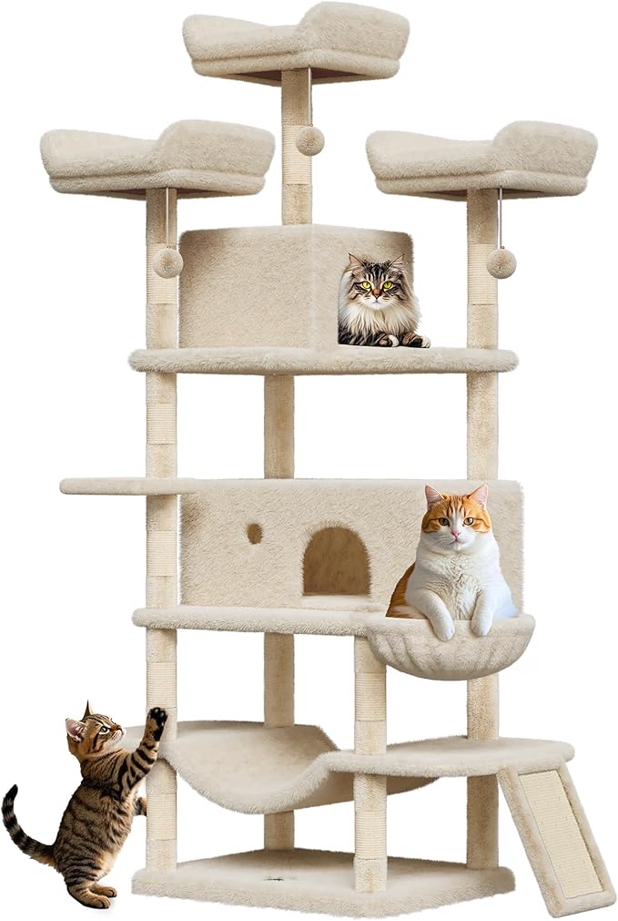 68.5 in Multi-Level Cat Tree for Indoor Cats Large Adult Heavy Duty Cat Tower for Large Cats with 2 Condos/Plush Perches/Sisal Scratching Posts/Hammocks/Basket/Dangling Balls, #2604 Beige