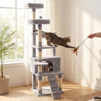 71" Tall Cat Tree for Indoor Cats, Multi-Level Cat Tower with Condo, Hammock & Top Perch, Sturdy Cat Activity Center with Scratching Posts, Soft Faux Fur Cat Furniture, Light Grey