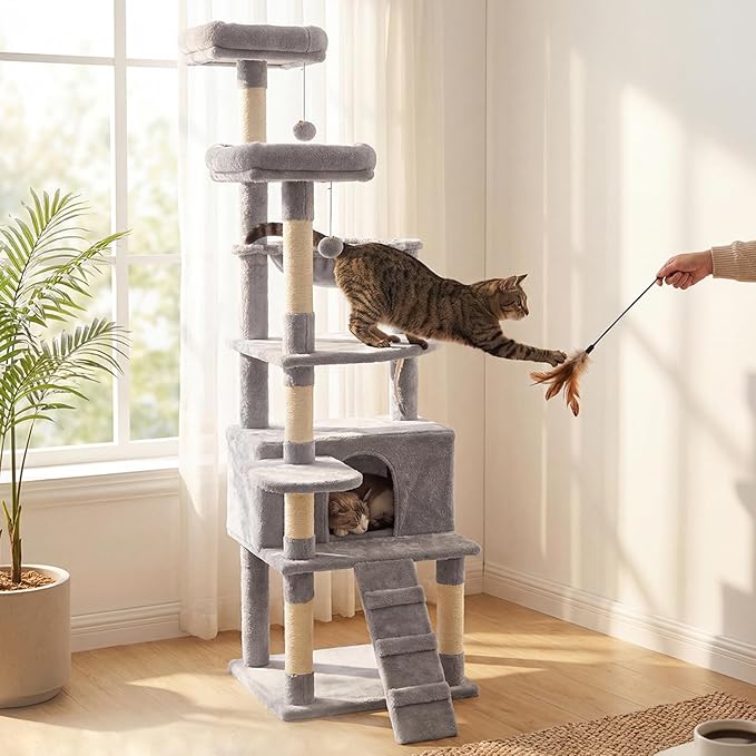 71" Tall Cat Tree for Indoor Cats, Multi-Level Cat Tower with Condo, Hammock & Top Perch, Sturdy Cat Activity Center with Scratching Posts, Soft Faux Fur Cat Furniture, Light Grey