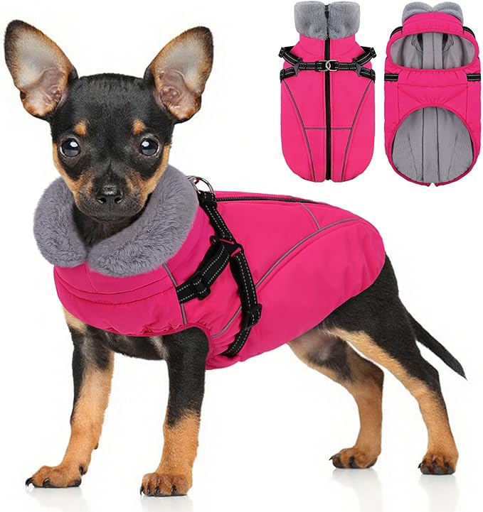 Dog Coats for Small Dogs, Dog Jacket with Harness Built in, Reflective Pet Fleece Vest with Turtleneck, Rose S