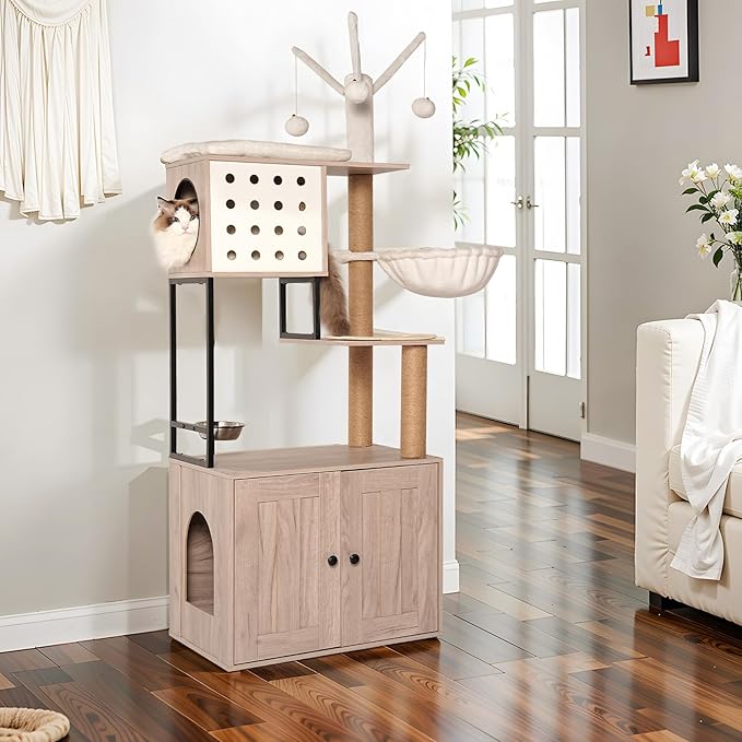 Cat Tree with Litter Box Enclosure, 2-in-1 Modern Cat Tree Tower, All-in-one Cat Condo for Indoor Cats with Large Hammock, Bed, Food Station, Scratching Posts, Cat Furniture for Indoor Cats (23.6”)