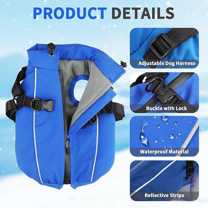 Dog Winter Coat Reflective Water-Resistant Jacket, Fleece Lined Windproof Puppy Coat with Back Zipper & D-Ring, Cold Weather Dog Coats for Small Medium Dogs (L, Blue)