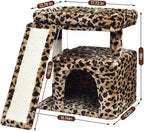 Small Leopard Print Cat Tree for Indoor Cats | Short Tower with Scratching Post, Ramp Pad, Condo with Perch Bed, Kittens Play House, Hanging Plush Ball & Cave for Resting (Leopard Print)