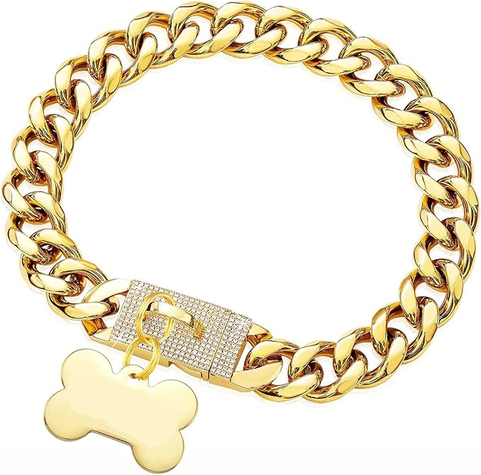 New Gold Dog Chain Collar with Bling Zircon Buckle,19MM Strong Stainless Steel Cuban Link Chain Collar,Dog Necklace Collar for Small Medium,Large Dogs