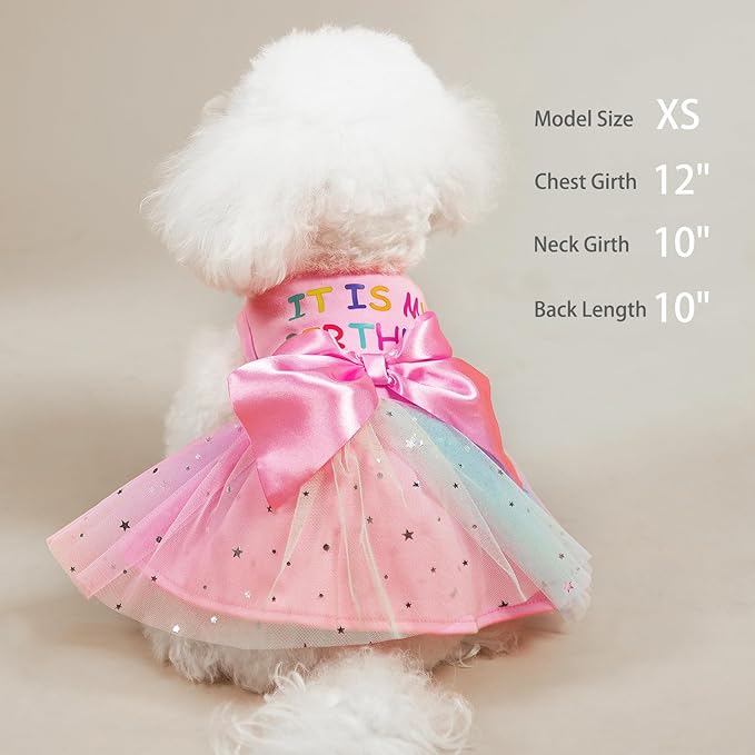 PUPTECK Print Dog Dress Pet Apparel for Birthday with Cute Bowtie Puppy Clothes Outfit, S