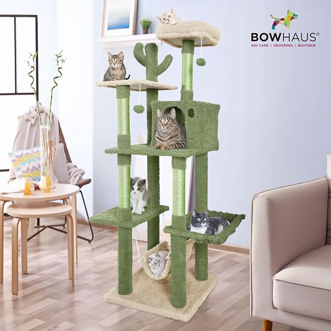 Cactus Cat Tree, Multi-Level Cat Activity Tree with Plush Perch, Scratching Posts and Ramp, Cat Cave Condo for Large Cats and Kittens, 70-Inch