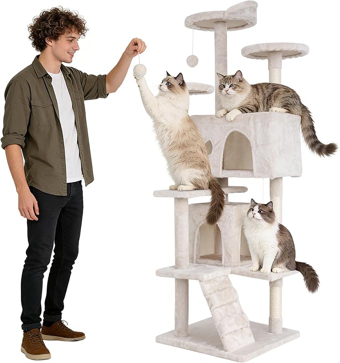 BLKMTY Cat Tree 70" Tall Cats Tower Large Cat Condo Climber Cats Climbing Stand with Top Perches Playhouse and Climbing Ladder Kitty Activity Tree w/Scratching Post Toys, Beige
