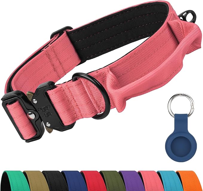 Joytale Tactical Dog Collar for Large Dogs with Control Handle, Heavy Duty Military Training Collar for Power Breeds, AirTag Holder Case, Quick Release Metal Buckle, Soft Padded, L, Pink