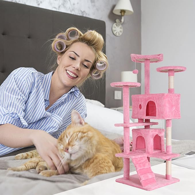 54 Inch Tall Cat Tree Tower - Multi-Level Cat Condo with Scratching Post, Toys & Rest Area, Pink
