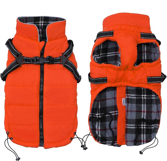 Geyecete Winter Warm Coat Waterproof Dog Jacket with Harness Traction Belt,Pet Outdoor Jacket for Medium, Small Dogs - Orange, XXL