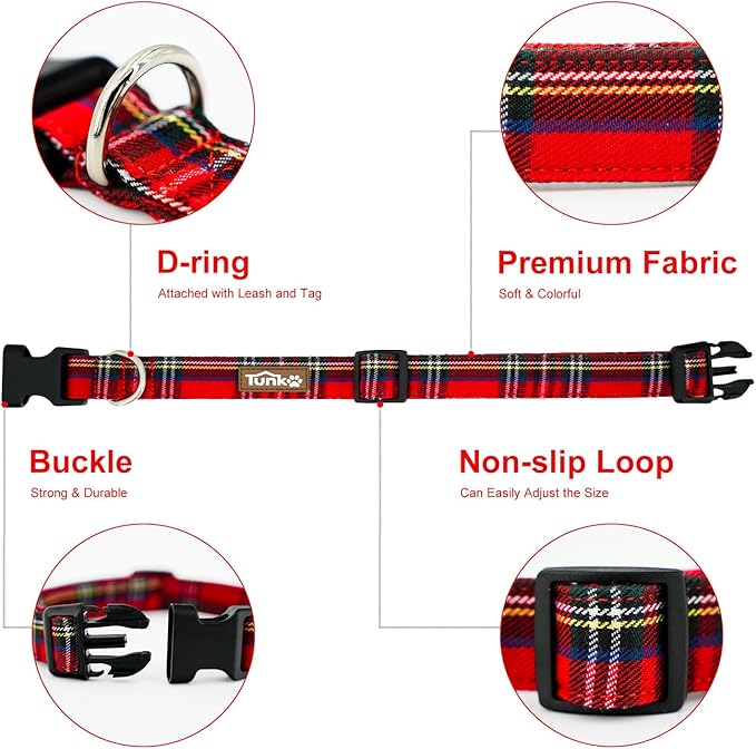 Tunkoo Christmas Plaid Dog Collar, Cute Adjustable Red Collar for Boy and Girl Dogs, Dog Collar with Strong Plastic Buckle - for Small Medium Large Pets, S