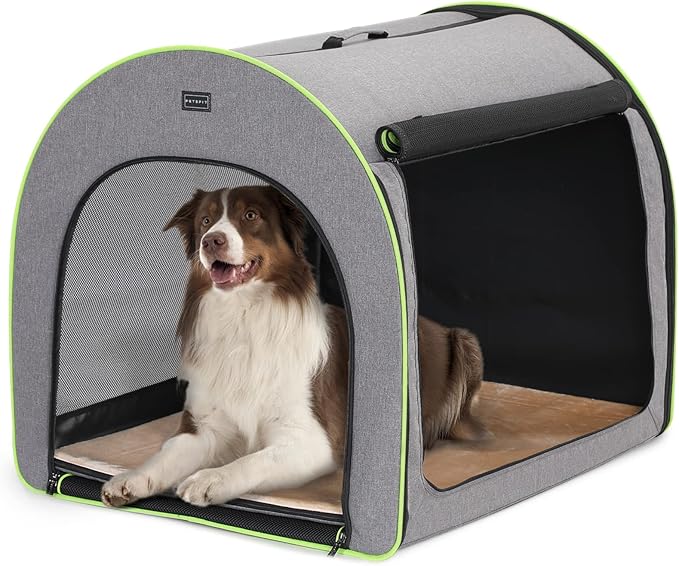 PETSFIT Collapsible Dog Crate, Dog Crate Travel - 35.5 Inch Lightweight, Roomy, Easy to Set Up, Sturdy Portable Dog Kennel with Thick Mat, Grey
