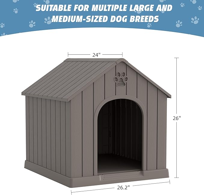 Fancyango Dog House Outdoor Indoor, Weatherproof Dog House with Elevated Floor and Air Vents for Small to Medium Dogs,Easy Clean and Assemble (Grey1, 26.18''L × 24.02''W × 25.98''H)