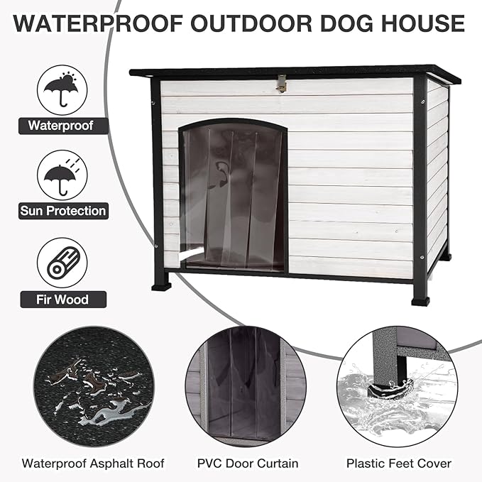 43.3’’ Large Dog House Outdoor Weatherproof Dog Kennel with Upgraded Thickened Metal Frame, Dog Shelter with PVC Curtain, Openable Roof and Removable Floor, Easy to Clean (White)