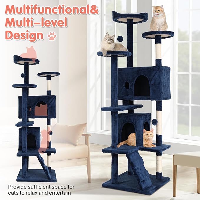 Cat Tree with Scratching Post,Cat Tower House for Indoor Large Adult Cats Kittens,21x21x70in Multi-Level Activity Cat Cando Furniture,Blue