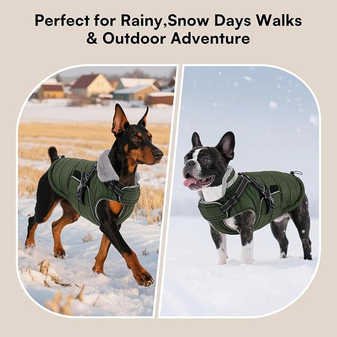 Queenmore Small Winter Dog Coat with Harness Built-in, Waterproof Winter Jackets for Small Dogs, Puppy Warm Puffer Jacket for Snow Weather - Fleece Reflective Easy On Hook & Loop Closure, Green S