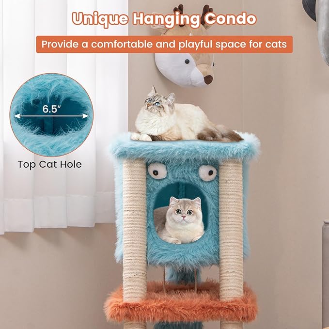 PETSITE 34 inch Monster-Themed Cute Cat Tree, Modern Cat Tree Tower with Sisal Scratching Posts, Cat Condo, and Hanging Dangling Toys, Long Plush Covered Surface