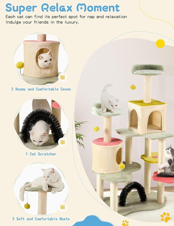 Flower Cat Tree Tower, 59 Inches Cute Cat Tree for Indoor Cats w/Sisal Covered Cat Scratching Posts Stand Cozy Condo, Sturdy Padded Top Perch and Bell Ball Colorful Cat Tree House for Indoor Cats