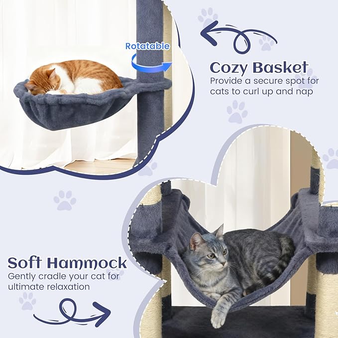 Tangkula 80 Inch Tall Cat Tree, Multi-Level Cat Tower with Sisal Scratching Posts, 2 Condos, Plush Perch, Hammock, Basket, Dangling Toys, Cat Climbing Furniture for Indoor Cats (Dark Gray)