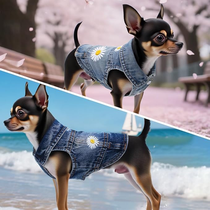 Pet Clothes Vintage Denim Dog Jacket with Daisy Embroidery - Puppy Stylish Pet Coat for Chihuahua, Yorkie Small Breeds - All-Season Comfort (Blue,XX-Large)