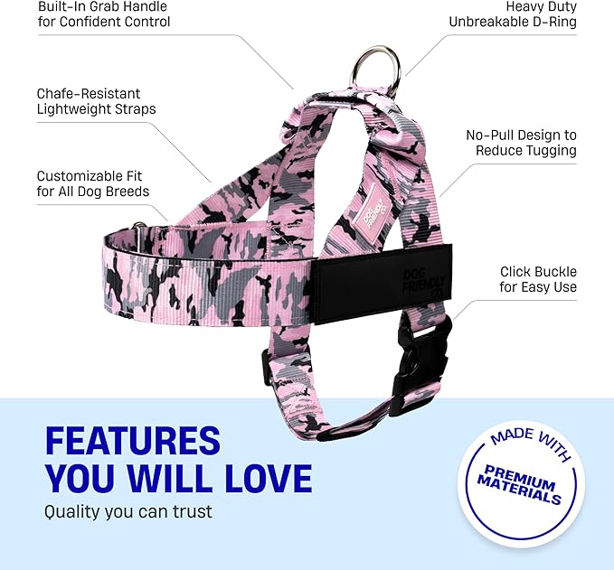 DF Co. Dog Harness | Chafe Resistant Webbing, Adjustable Neck & Chest, and Heavy Duty D-Ring | Sturdy, Comfortable, Easy to Use | Pink Camo, Size XL