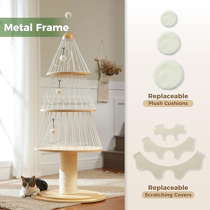 Modern Cat Tree-51.2" Cat Christmas Tree w/Thick Scratch Post(φ5.4in), Wood Cat Tower w/ 3 Condos-Heavy Duty Furniture w/Metal Frame & Replaceable Mat for Indoor Kittens, White
