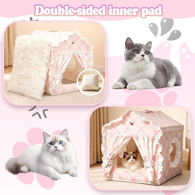 Cat Bed, House for Indoor Cats, Accommodate 11-33 lb Cute Tent Bed with Cover Cave, Breathable, Washable, Foldable Indoor Dog House with Frame, All Season (Pink, L)