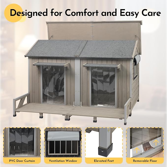 59''L Extra Large Dog House with 2 Doors, Wooden XL Dog House Outdoor Weatherproof with Chew-Proof Iron Frame, Openable Roof, 2 Windows, Indoor Doghouse Pet Shelter Fits Small to Middle Dogs