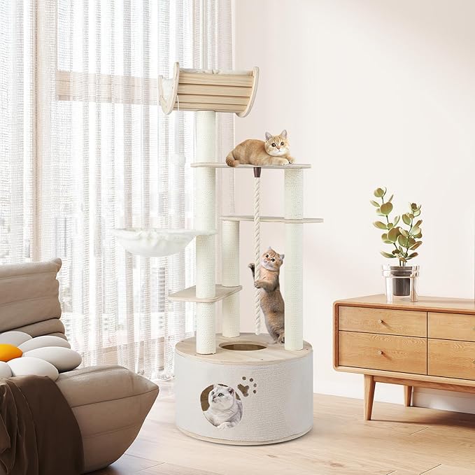 PETSITE 55.5 Inches Wooden Cat Tree, Multi-Level Modern Cat Tower with Scratching Posts, Side Basket, Multiple Jumping Platforms, Hanging Ball and Rope, Top Curved Perch, and Condo