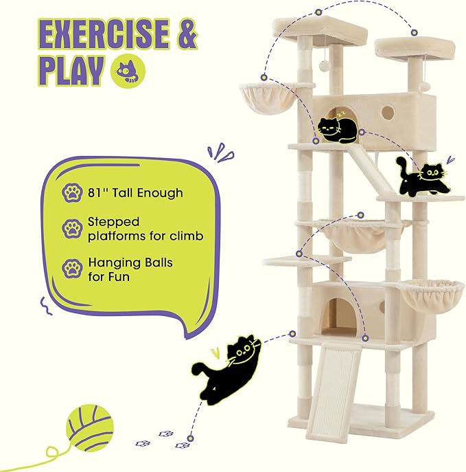 WEEWAY Cat Tree Tower for Indoor Cats,81'' Multi-Level Cat Furniture Activity Center,Stand House Condo Cave,Sisal Scratching Posts Ramps,Plush Perches Platforms Basket Hammock,Beige