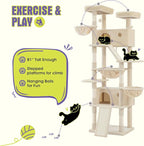 WEEWAY Cat Tree Tower for Indoor Cats,81'' Multi-Level Cat Furniture Activity Center,Stand House Condo Cave,Sisal Scratching Posts Ramps,Plush Perches Platforms Basket Hammock,Beige