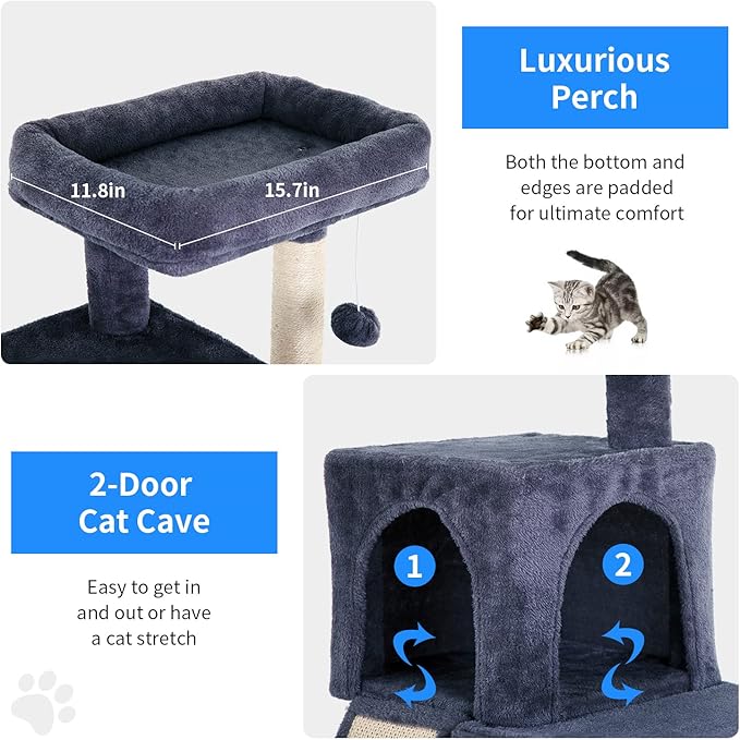 BestPet 36 inches Cat Tree for Indoor Cats Cat Tower with Scratching Posts Multi-Level Cat Furniture Condo with Ramp, Perch Spacious Cat Cave & Funny Toys for Kittens House,Dark Grey