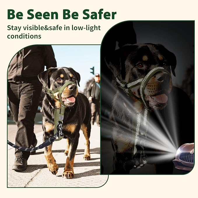 BARKLESS Sturdy No Pull Head Collar for Medium Large Dogs, Gentle Reflective Head Halter with Safety Link, Adjustable Nylon Dog Training Muzzle Leash for Walking Control (Green, XL)