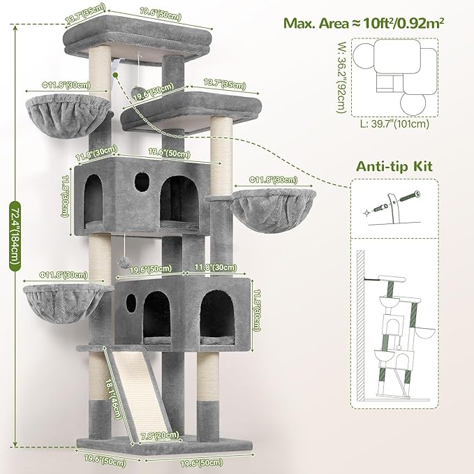 Globlazer Large Cat Tree, 72 inch Tall Cat Climbing Tower for Indoor Large Adult Cats Multi-Level Furniture Tree House with 2 Cozy Perches, 2 Padded Condos, 5 Sisal Scratching Posts, F72G, Light Grey