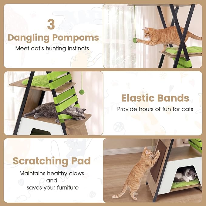 PETSITE 73-inch Tall Modern Cat Tree, Multi-Level Wooden Cat Tower with Scratching Pad, Multiple Platforms with Soft Removable Pads, Condo, and 3 Dangling Balls, Ideal for Indoor Cats (Natural)