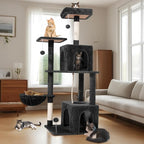 Cat Tree, 54-Inch Cat Tower for Indoor Cats,Plush Multi-Level Cat Condo with Scratching Posts, Basket, Perches,2 Caves,2 Pompoms(Black)