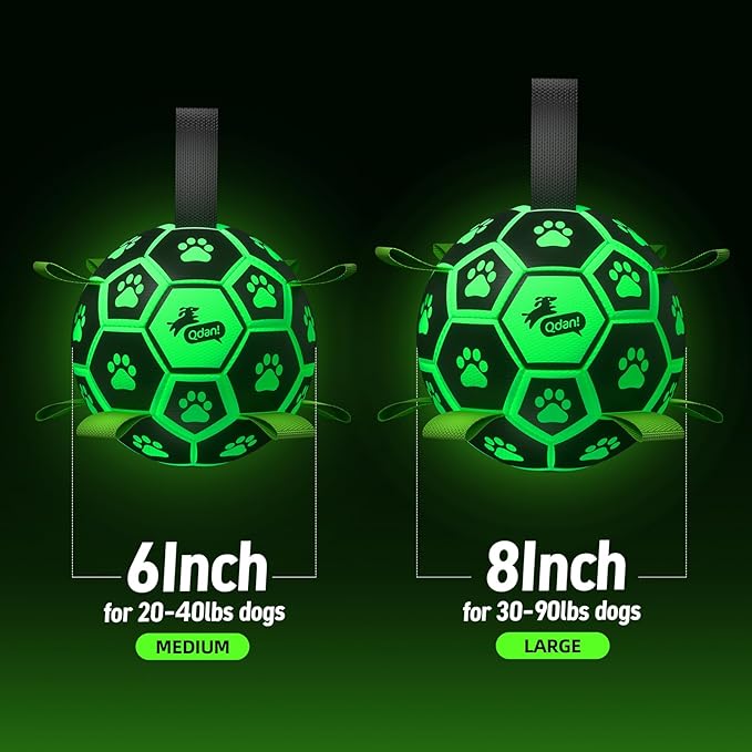 QDAN Glow in The Dark Dog Toys Soccer Ball with Straps - Light Up Dog Balls for Large Dogs, Interactive Dog Toys with Strap for Tug of War,Puppy Birthday Gifts (8 Inch)
