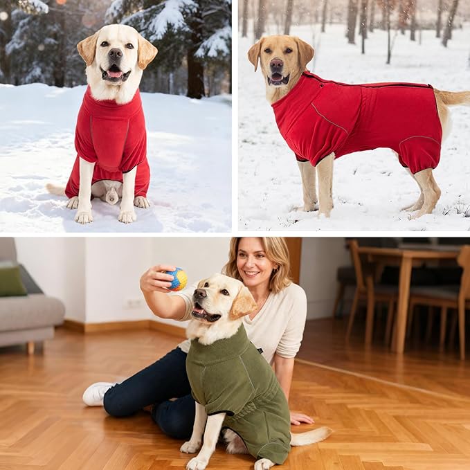Mihachi Dog Snow Jacket Dog Coat Soft Fleece Pullover Pajamas, Pet Windproof Warm Cold Weather Jacket with Zipper, Reflective Jumpsuit Apparel Outfit Clothes for Large Dog, Army Green L