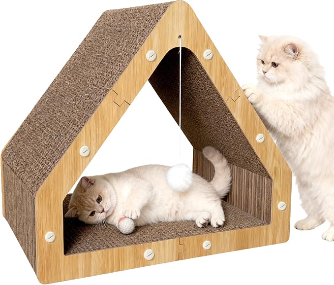 Cat Scratcher House with Hanging Ball - Cozy Corrugated Cardboard Cat Scratching Pad for Indoor Cats/Kittens, Stable Structure & Eco-Friendly