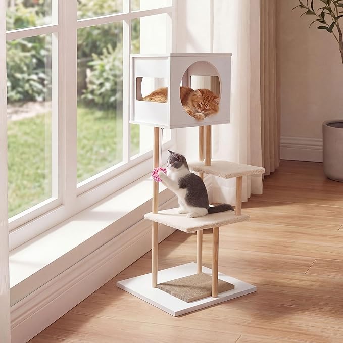 Tangkula Modern Cat Tree, 40 Inches Minimalist Wood Cat Tower with Rubber Wood Posts, 2 Cardboard Scratching Pads, 2-Door Condo, Dangling Ball, Jumping Platforms for Indoor Cats