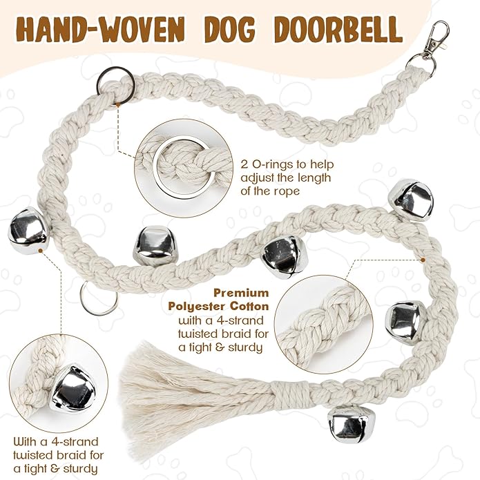 Dog Bells to Go Outside - RAINFLOW Dog Door Bells for Potty Training,Adjustable Potty Bells for Dogs,Handmade With Polyester Cotton,Comes for Puppies Dogs Doggy Doggie Pooch Pet Cat Pet Supplies Beige