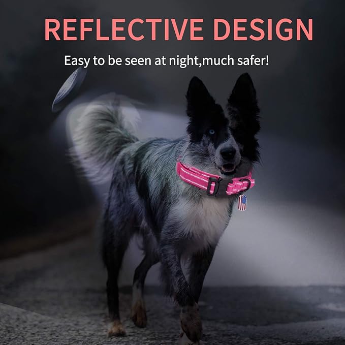 Reflective Tactical Dog Collar Adjustable for Training and Service K9 Dog Collar with Military Nylon Heavy Duty Metal Buckle and Control Handle for Medium and Large Dogs,1.5" Width Pink